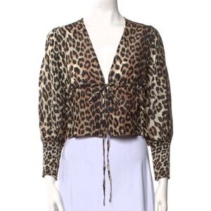 Ganni Leopard Print Tie-Front Women’s Top - Brown